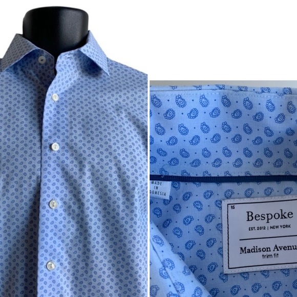 BESPOKE trim fit button down men's shirt, blue small paisley print neck 15 - Picture 8 of 8